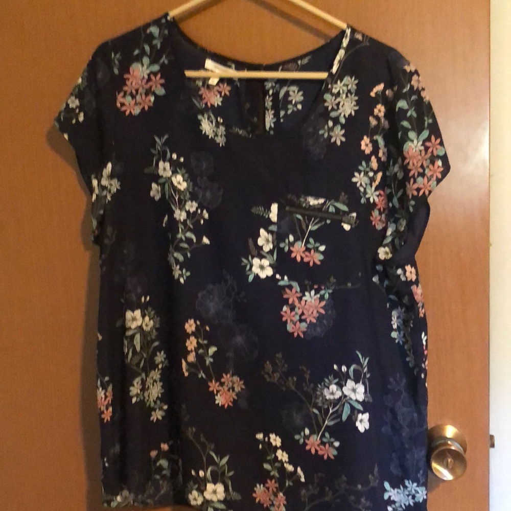 Navy and floral shirt